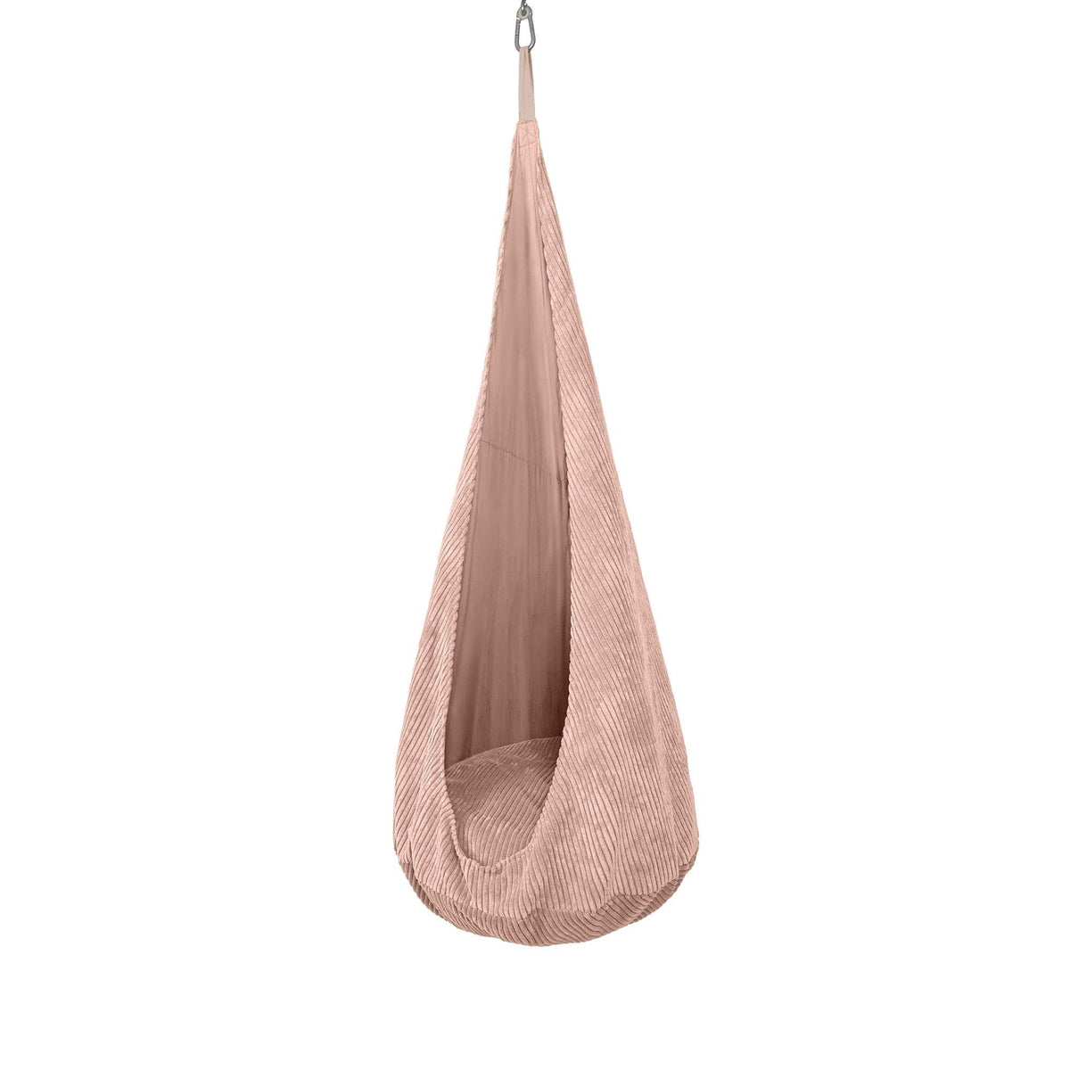 2. Powder pink MeowBaby cocoon swing for kids with textured corduroy fabric, displayed in a studio