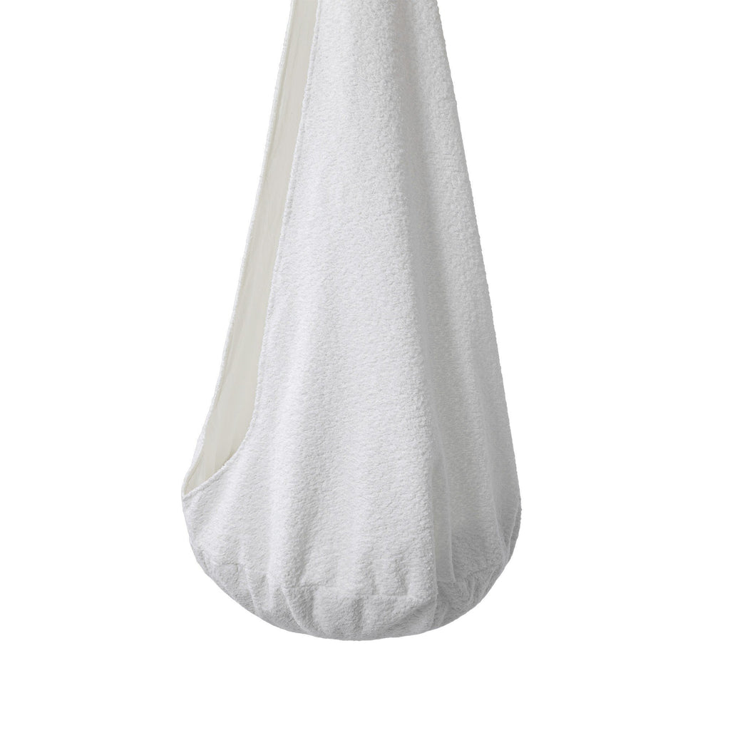 3. Close-up of white boucle fabric on cocoon swing for kids showing texture and bottom cushion