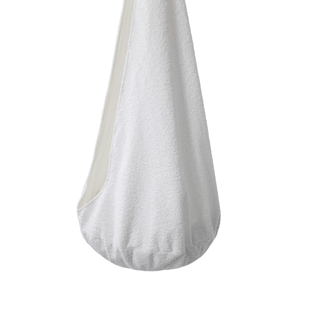 3. Close-up of white boucle fabric on cocoon swing for kids showing texture and bottom cushion