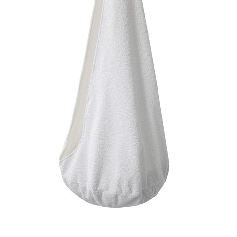 3. Close-up of white boucle fabric on cocoon swing for kids showing texture and bottom cushion