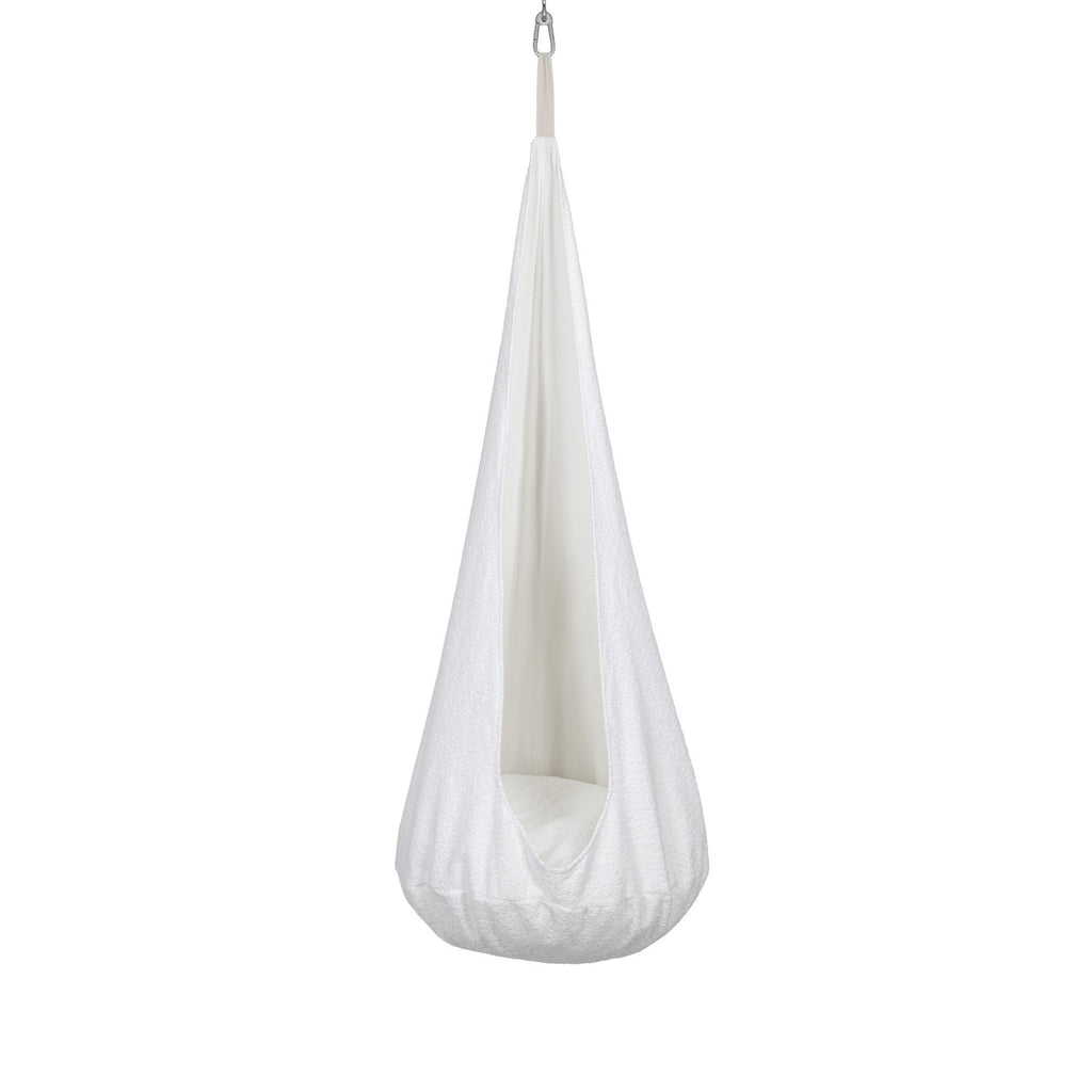 1. White boucle cocoon swing for kids with plush cushion hanging from ceiling hook in studio setting