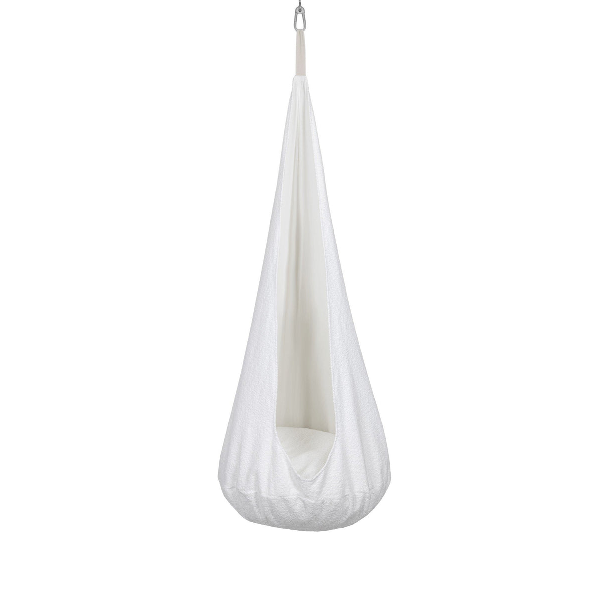 1. White boucle cocoon swing for kids with plush cushion hanging from ceiling hook in studio setting