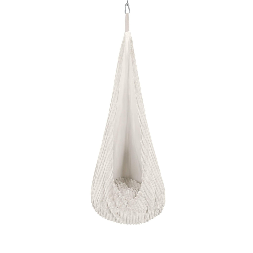 1. MeowBaby cocoon swing for kids in churros cotton candy white, hanging from ceiling, showcasing soft corduroy fabric and plush cushion
