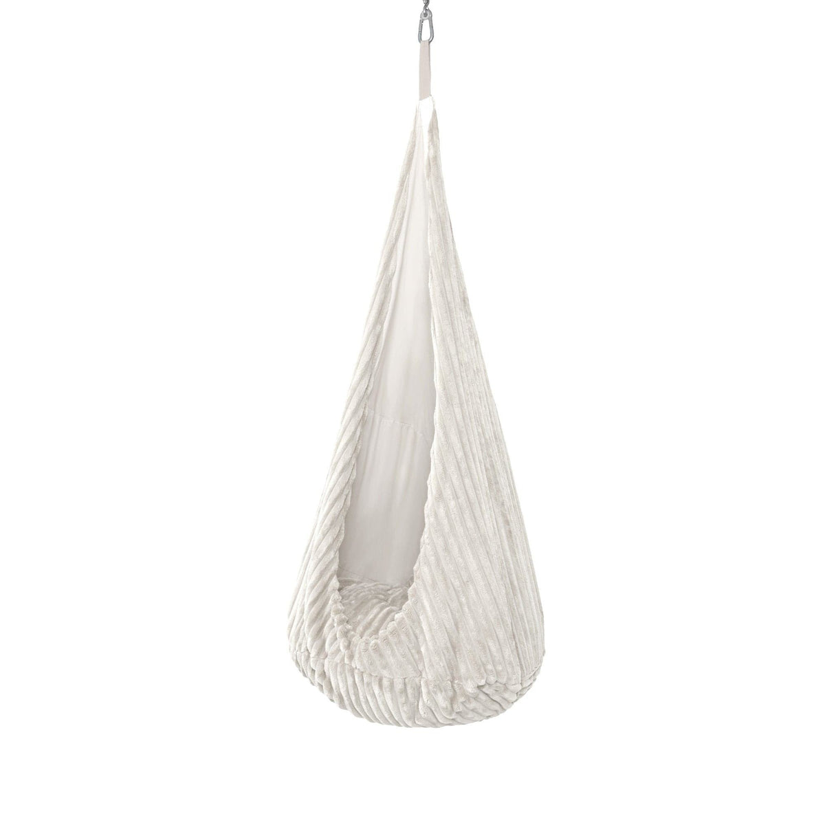 2. MeowBaby cocoon swing for kids in churros cotton candy white, shown from side with ceiling hook, emphasizing soft corduroy material