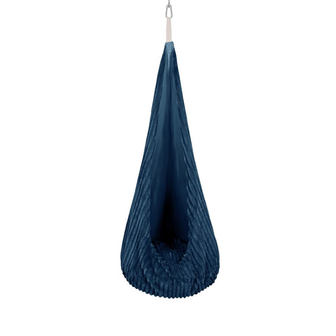1. MeowBaby cocoon swing in churros midnight blue corduroy with ceiling hook, shown in studio setting