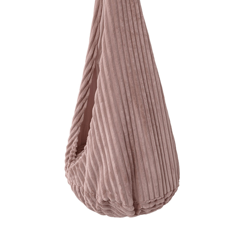 3. Close-up of churros ruby chocolate pink corduroy fabric texture on kids' cocoon swing