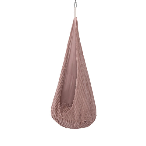 2. Kids' cocoon swing in churros ruby chocolate pink corduroy with plush cushion, shown from side against a white background