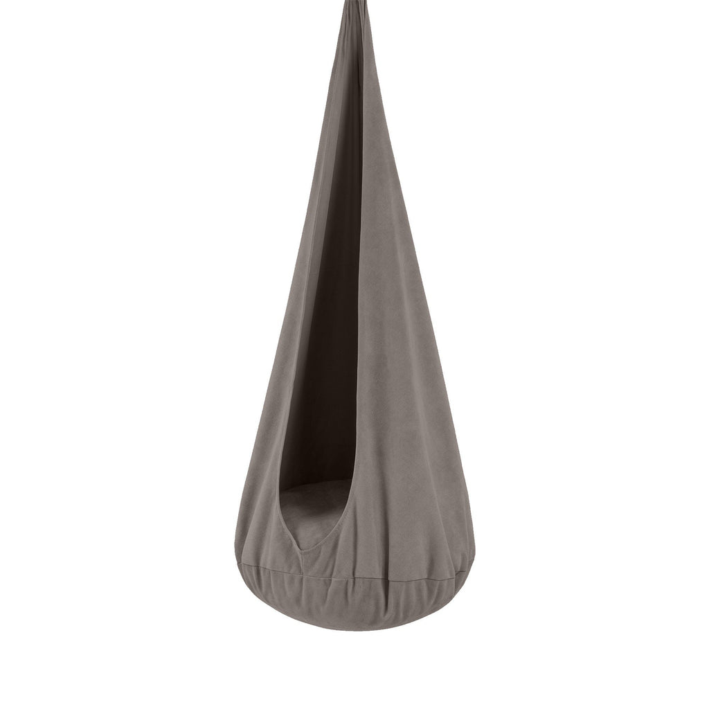 1. Graphite shadow cocoon swing for kids with soft corduroy cover and plush cushion, shown in a studio setting