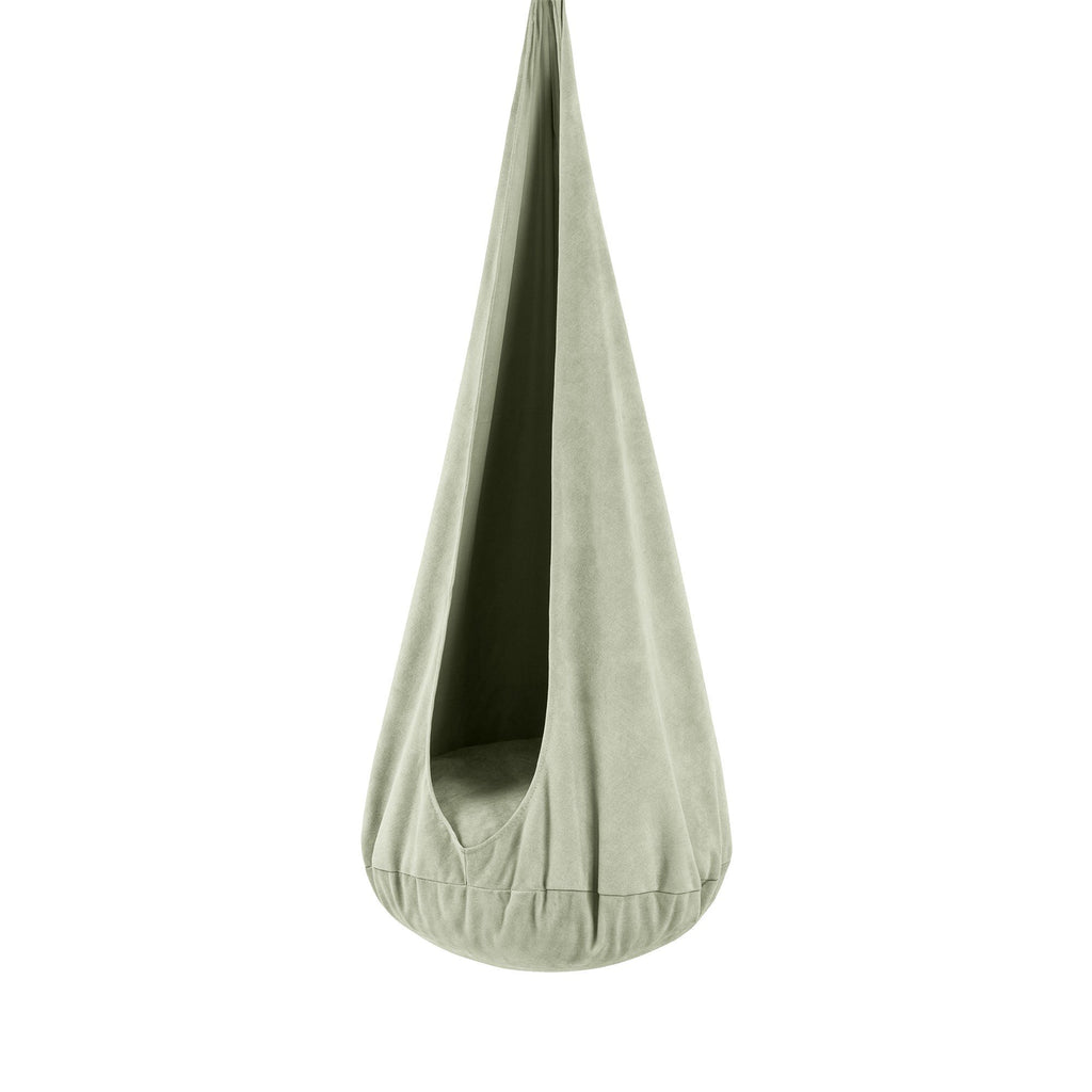1. Sage meadow green cocoon swing for kids with soft corduroy cover and plush cushion, shown in a studio setting