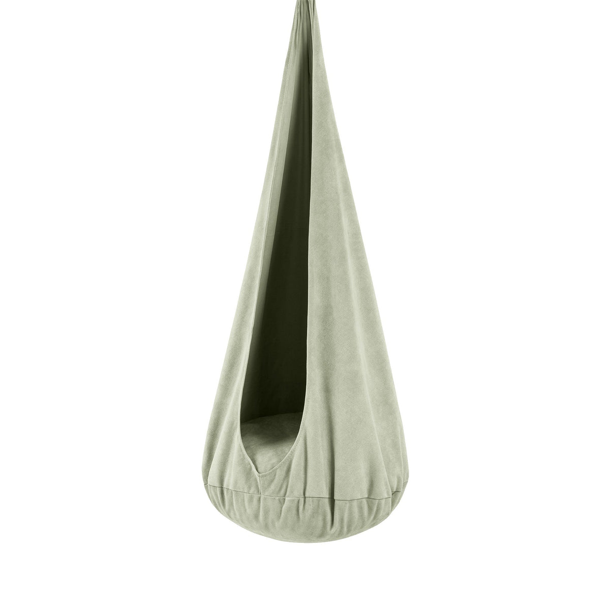 1. Sage meadow green cocoon swing for kids with soft corduroy cover and plush cushion, shown in a studio setting