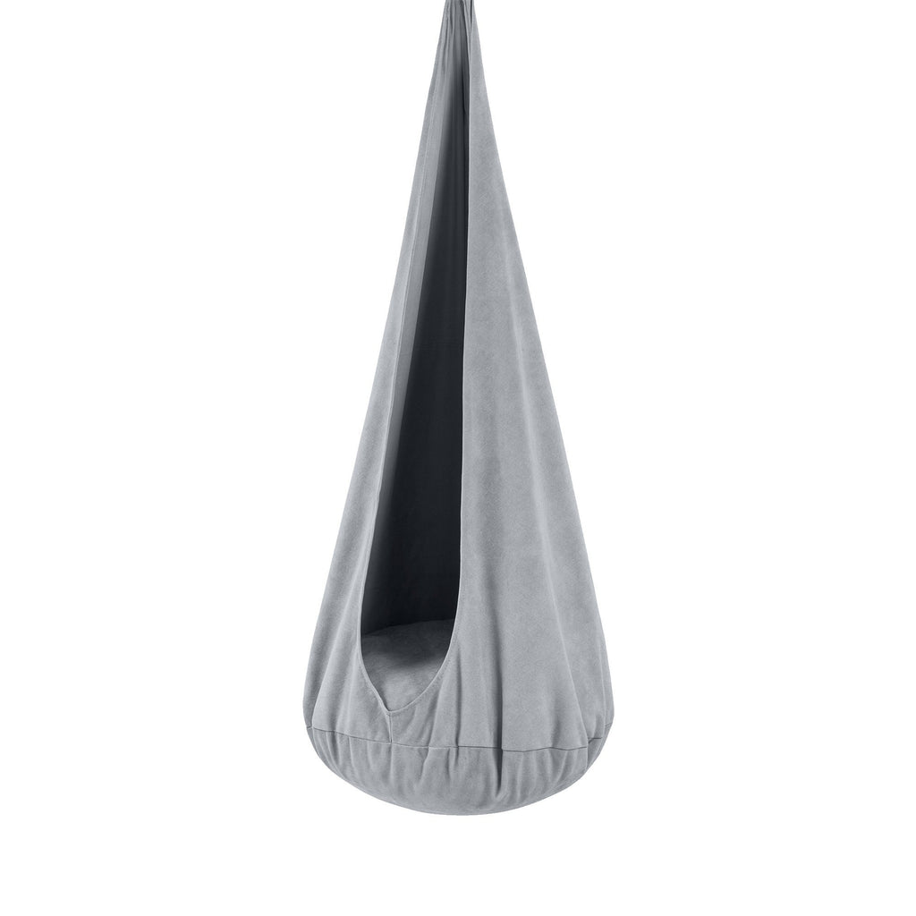 1. Kids' cocoon swing in frosty mist grey with soft corduroy cover and plush cushion, shown in a studio setting