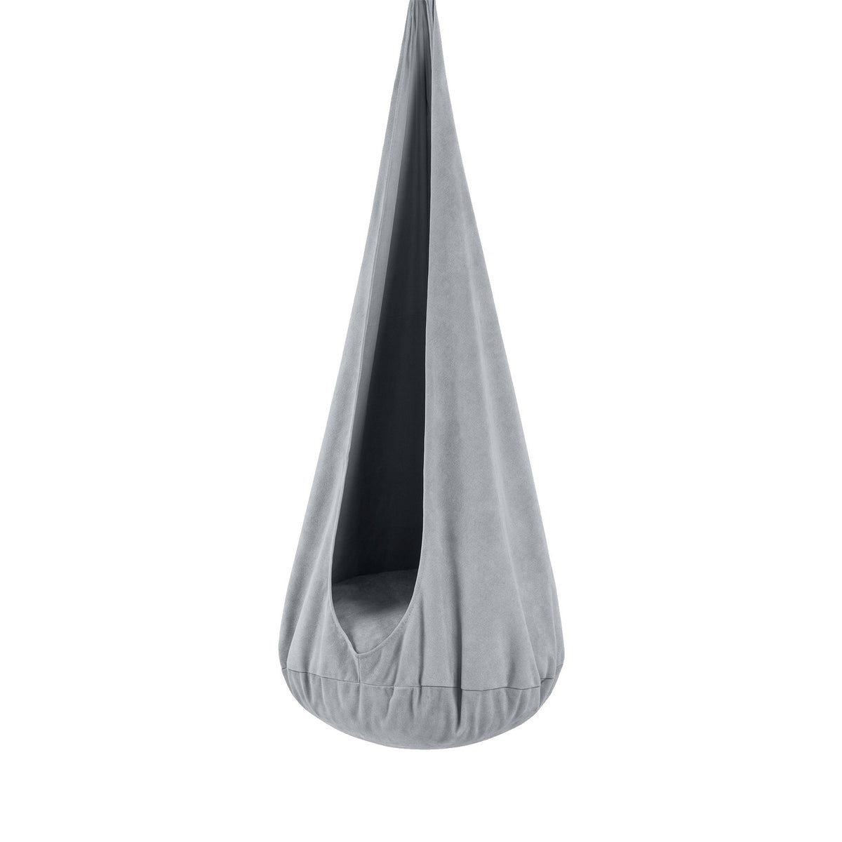 1. Kids' cocoon swing in frosty mist grey with soft corduroy cover and plush cushion, shown in a studio setting