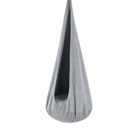 1. Kids' cocoon swing in frosty mist grey with soft corduroy cover and plush cushion, shown in a studio setting