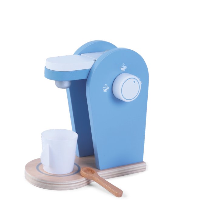 3. Blue wooden coffee machine with white cup and wooden spoon on black background