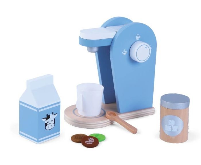 4. Wooden coffee set with blue coffee machine, milk carton, cup, sugar container, spoon, and three coffee pods on white background