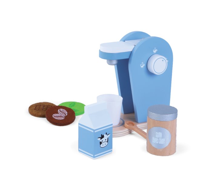 1. Wooden coffee set with blue coffee machine, milk carton, cup, sugar container, spoon, and three coffee pods on black background