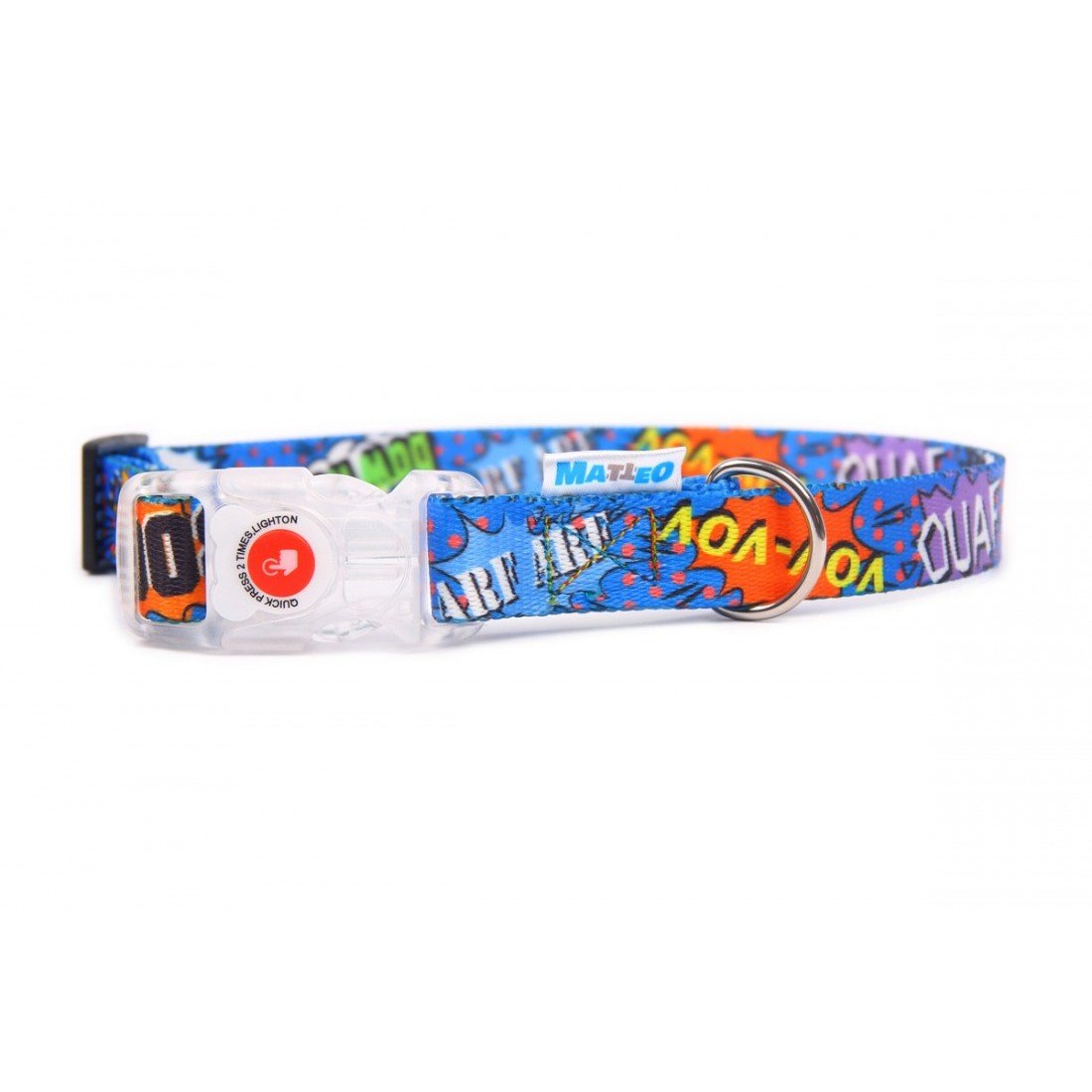 1. Blue graffiti-patterned dog collar with transparent LED buckle and Matteo logo, shown on white background