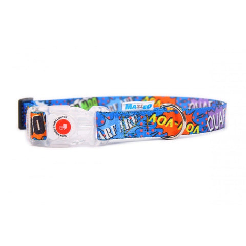 1. Blue graffiti-patterned dog collar with transparent LED buckle and Matteo logo, shown on white background