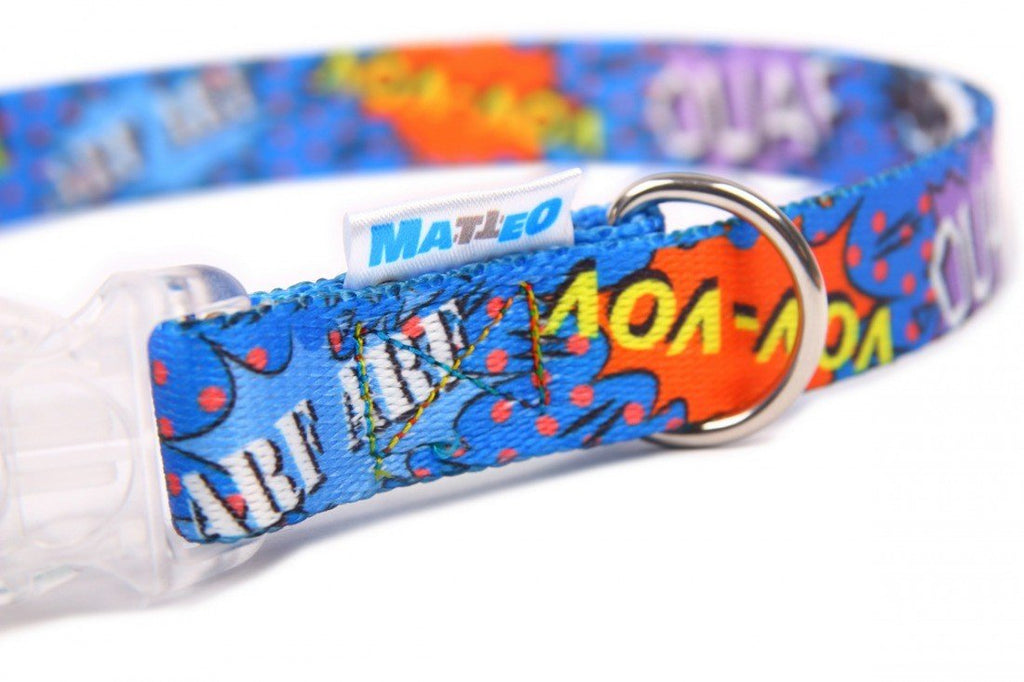 3. Close-up of blue graffiti-patterned dog collar with stainless steel D-ring and Matteo logo