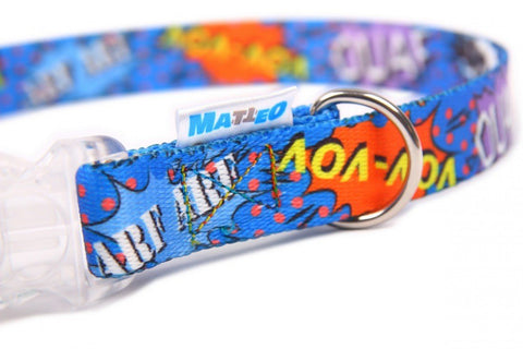 3. Close-up of blue graffiti-patterned dog collar with stainless steel D-ring and Matteo logo
