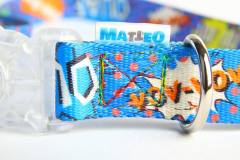 4. Detail of blue graffiti-patterned dog collar showing envelope stitching and Matteo logo
