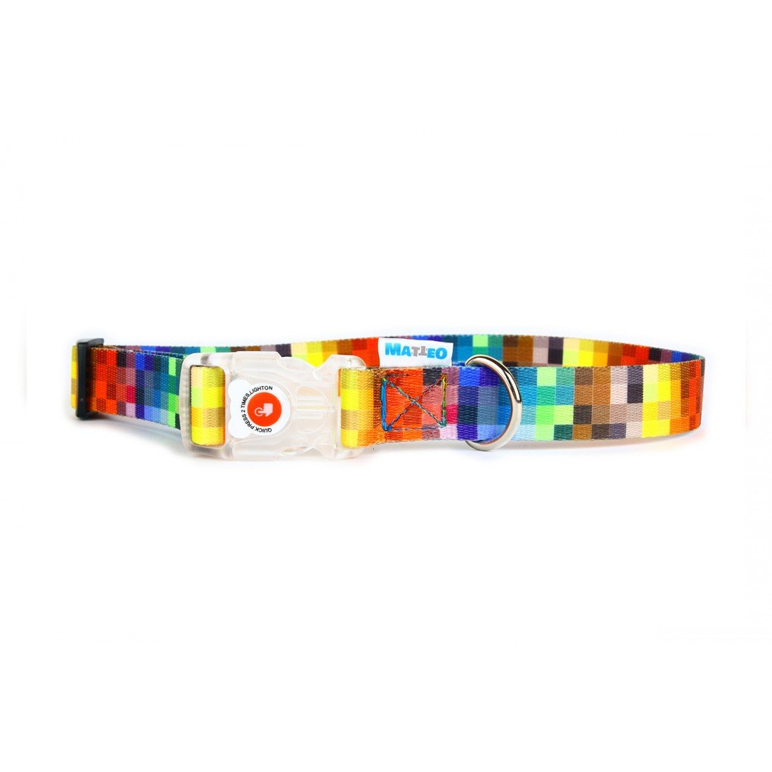 1. Colorful pixel-patterned dog collar with transparent LED buckle and stainless steel D-ring on white background
