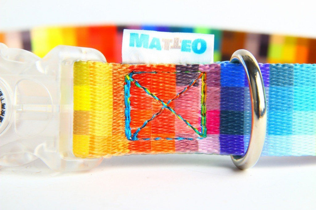 3. Detailed view of Matteo logo and stitching on colorful pixel-patterned dog collar with LED buckle