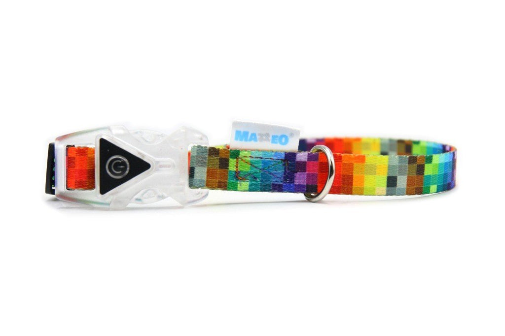 2. Side view of colorful pixel-patterned dog collar with transparent LED buckle and Matteo logo