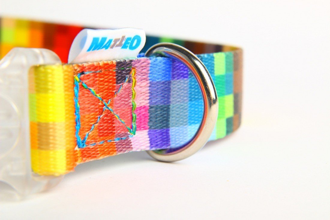3. Close-up of colorful pixel-patterned dog collar showing stainless steel D-ring and strong stitching