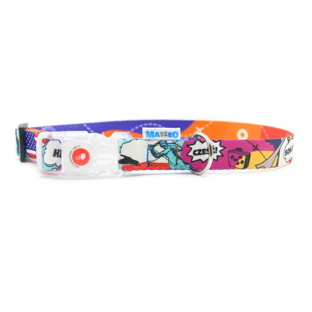 2. Matteo waterproof collar with LED buckle in colorful print, stainless steel D-ring, studio shot