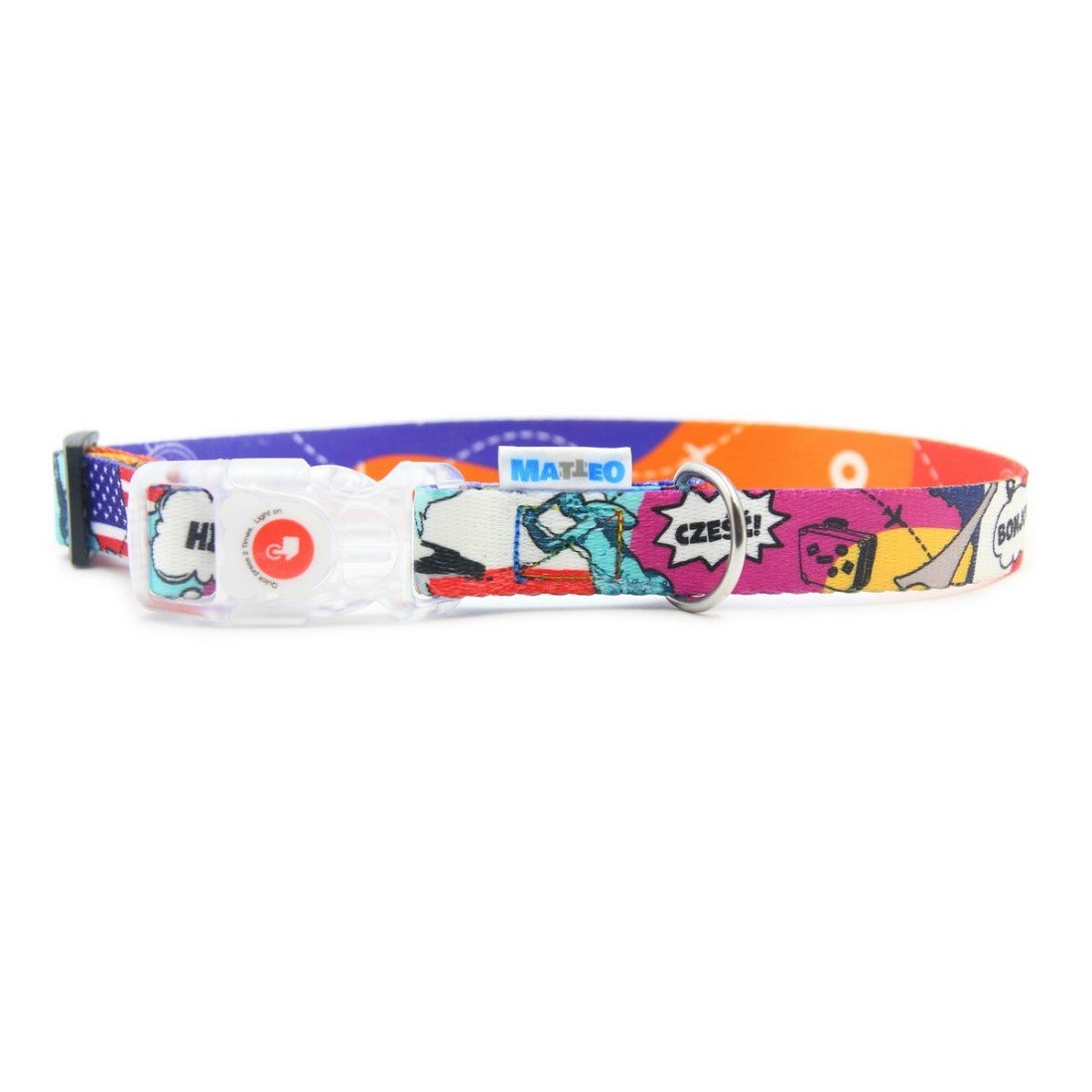 2. Matteo waterproof collar with LED buckle in colorful print, stainless steel D-ring, studio shot