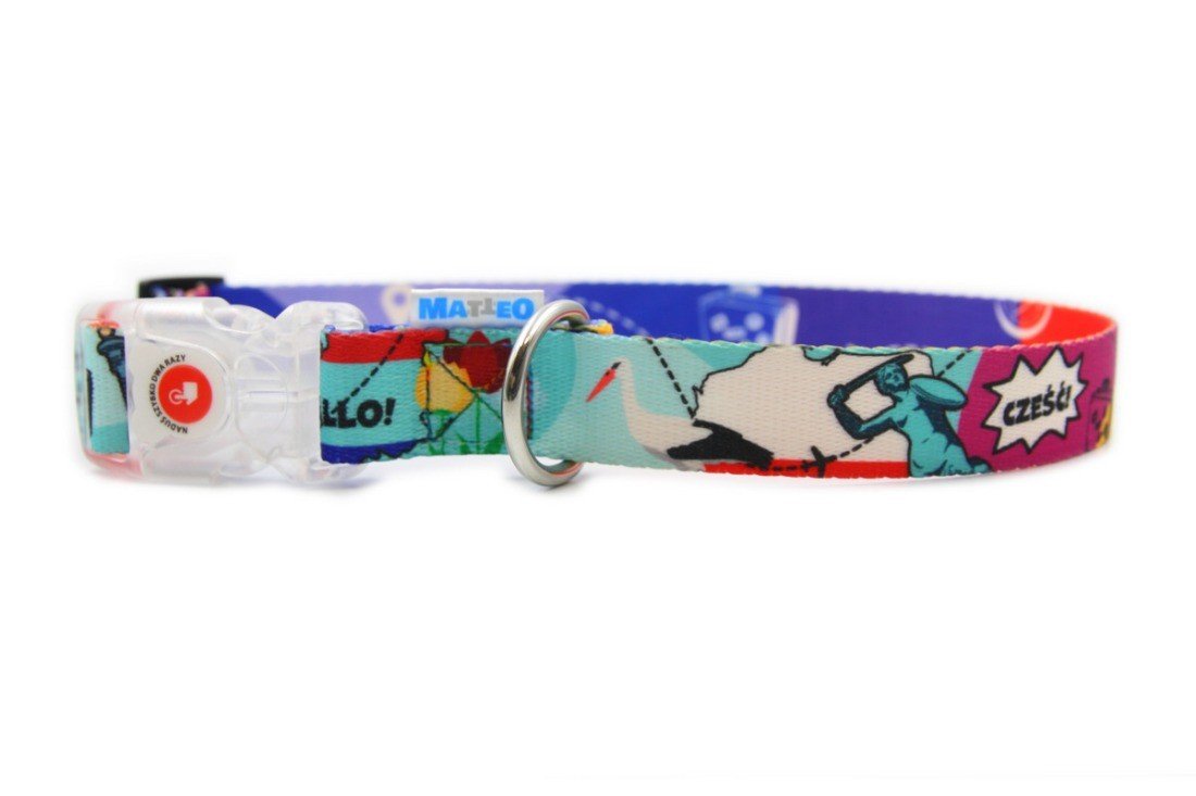 2. Matteo LED collar with colorful print and stainless steel D-ring, studio shot