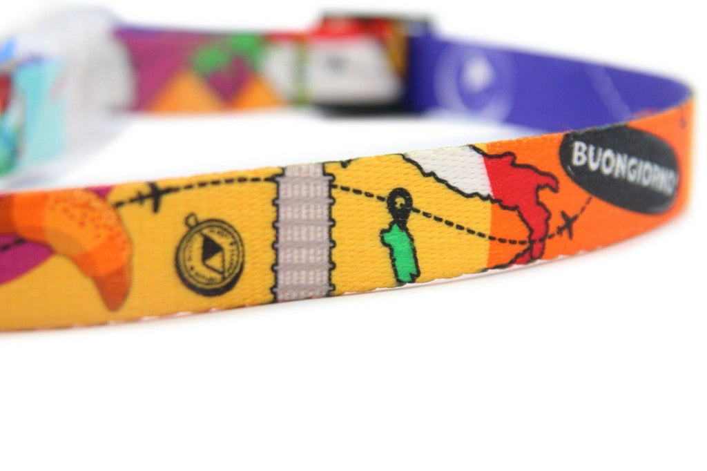 3. Close-up of colorful print on Matteo LED collar with text 'BUONGIORNO'