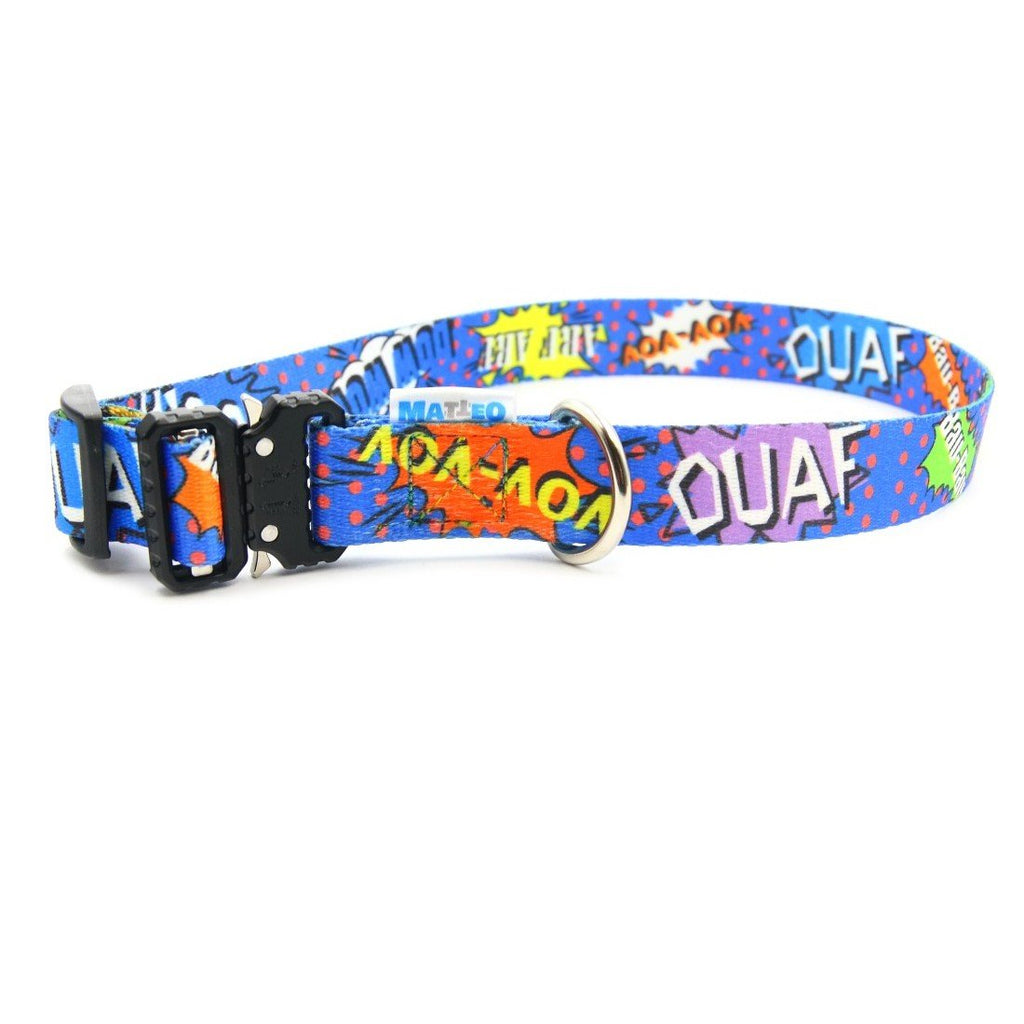 2. Blue graffiti dog collar with metal buckle and colorful comic-style print, featuring strong nickel-plated fittings and envelope stitching, shown on a white background.