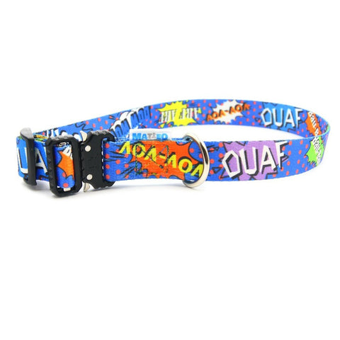 2. Blue graffiti dog collar with metal buckle and colorful comic-style print, featuring strong nickel-plated fittings and envelope stitching, shown on a white background.
