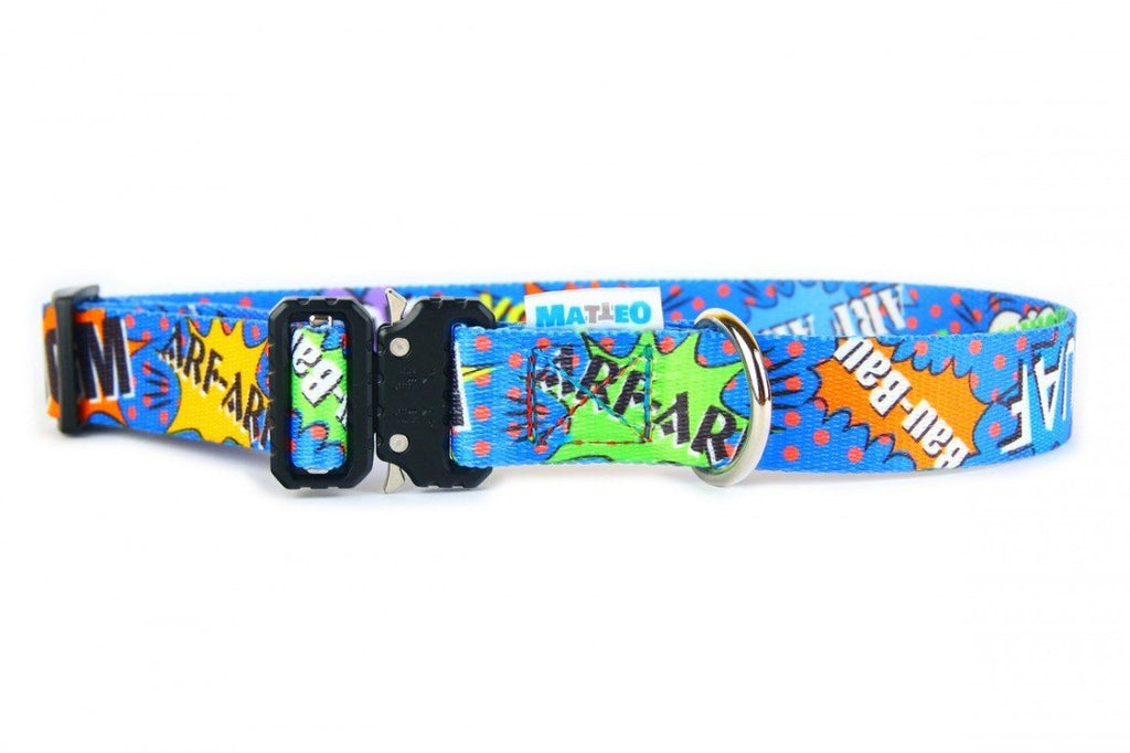 2. Blue graffiti dog collar with metal buckle and comic-style print, featuring Matteo logo and nickel-plated ring, shown on a white background.
