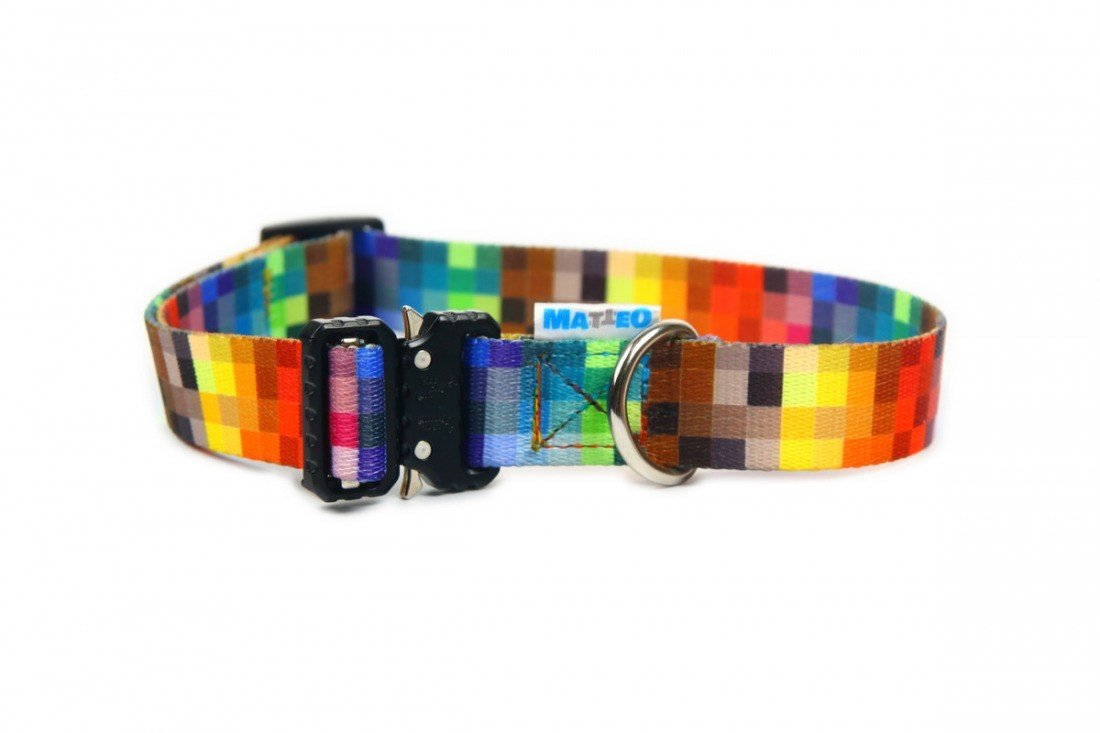 2. Matteo dog collar with vibrant pixel pattern and metal buckle on white background