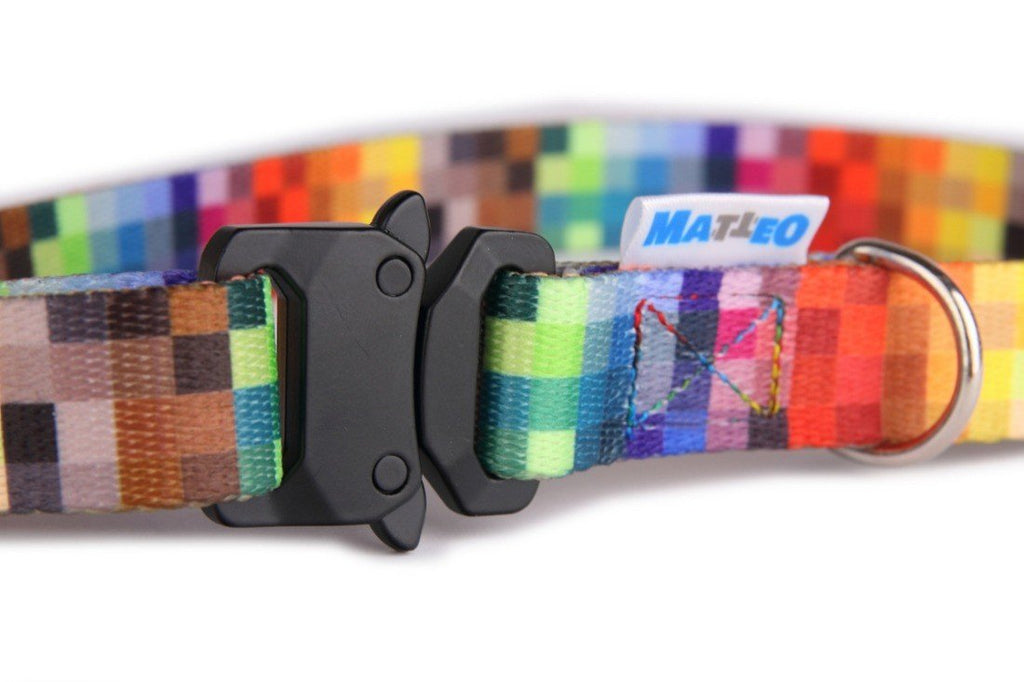 3. Close-up of Matteo dog collar with colorful pixel pattern and black buckle