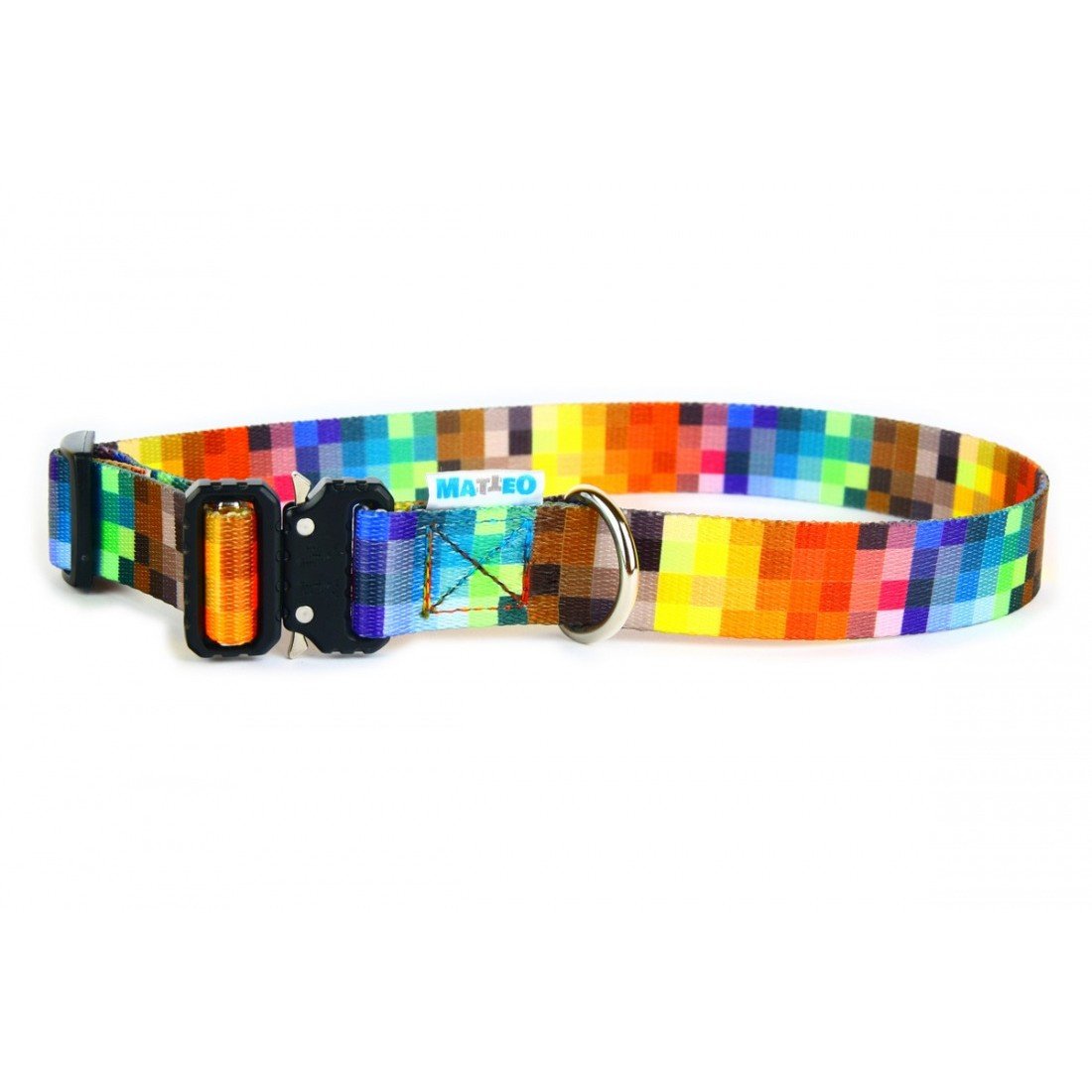 2. Matteo brand dog collar with colorful pixel pattern and metal buckle on white background