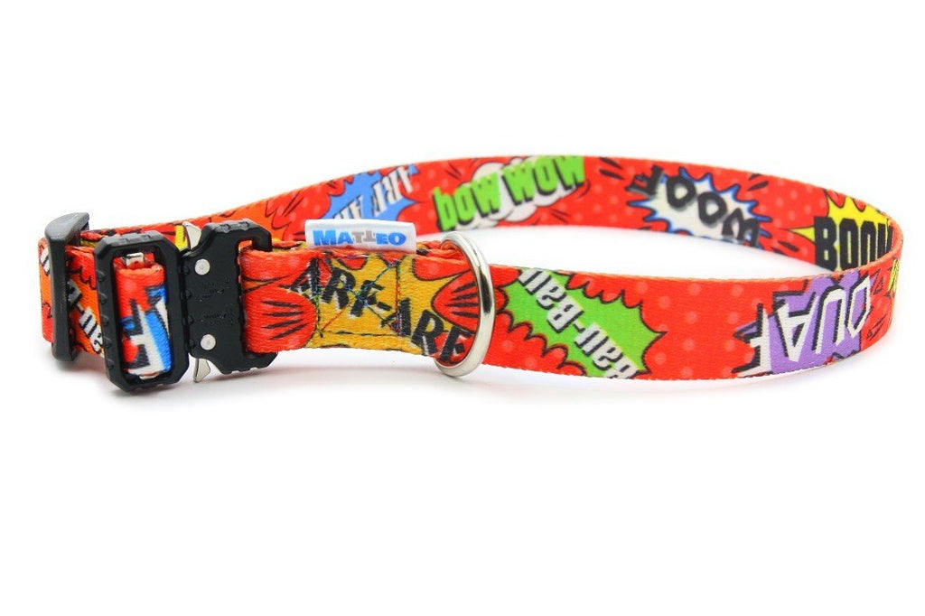 2. Matteo red graffiti dog collar featuring comic-style print and sturdy metal buckle