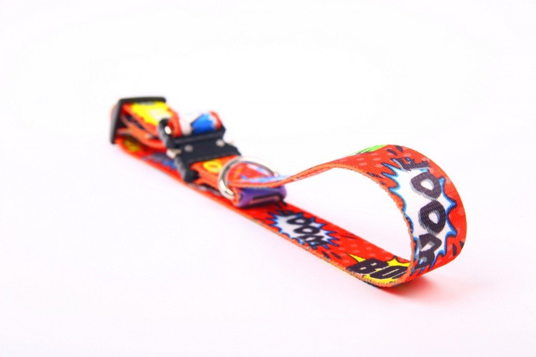 4. Flat lay of Matteo red graffiti collar with comic print and metal buckle on white background