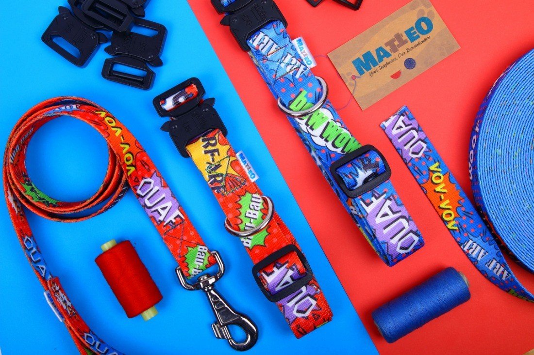4. Flat lay of Matteo red graffiti collar and leash set with sewing materials on colorful background