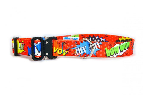 2. Matteo red graffiti dog collar with metal buckle and colorful comic print on white background