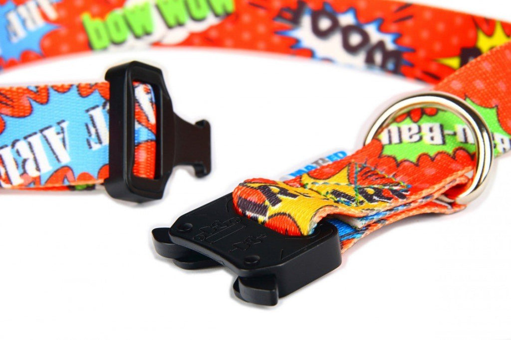 3. Close-up of Matteo red graffiti collar showing metal buckle and vibrant comic print