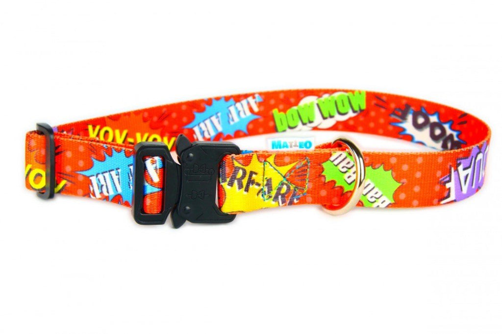2. Matteo red graffiti collar with comic print and metal buckle on white background