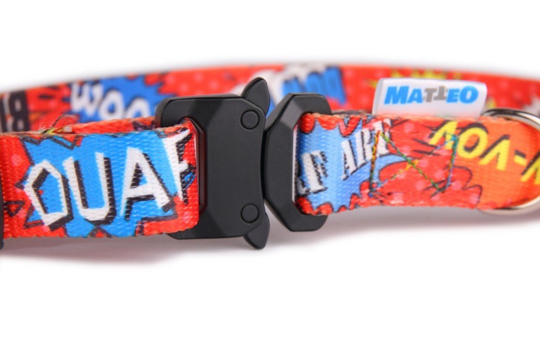 3. Close-up of Matteo red graffiti collar showing buckle and comic-style design