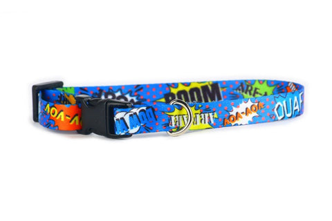 2. Blue graffiti dog collar with plastic buckle and nickel-plated ring, featuring colorful comic-style text, shown on white background