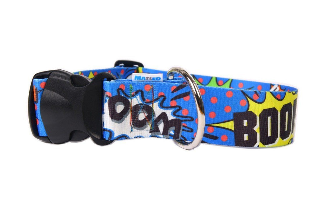3. Close-up of blue graffiti dog collar with plastic buckle, highlighting bold comic-style text and nickel-plated ring