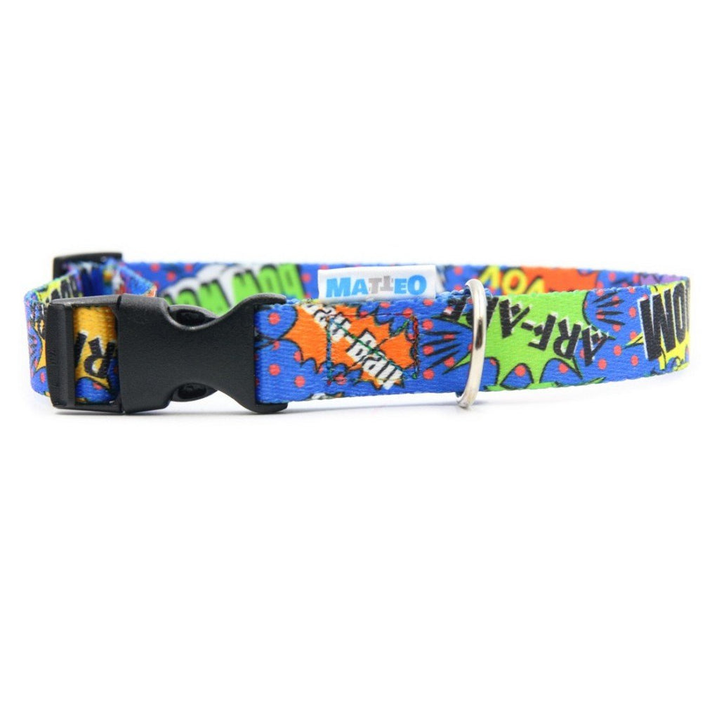 1. Blue graffiti dog collar with plastic buckle and nickel-plated ring, featuring colorful comic-style text and Matteo logo, shown on white background