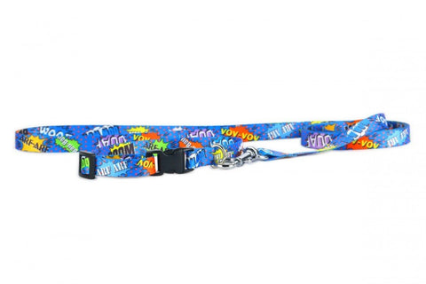 4. Flat lay of blue graffiti dog collar and leash set with plastic buckle, featuring colorful comic-style text and nickel-plated fittings